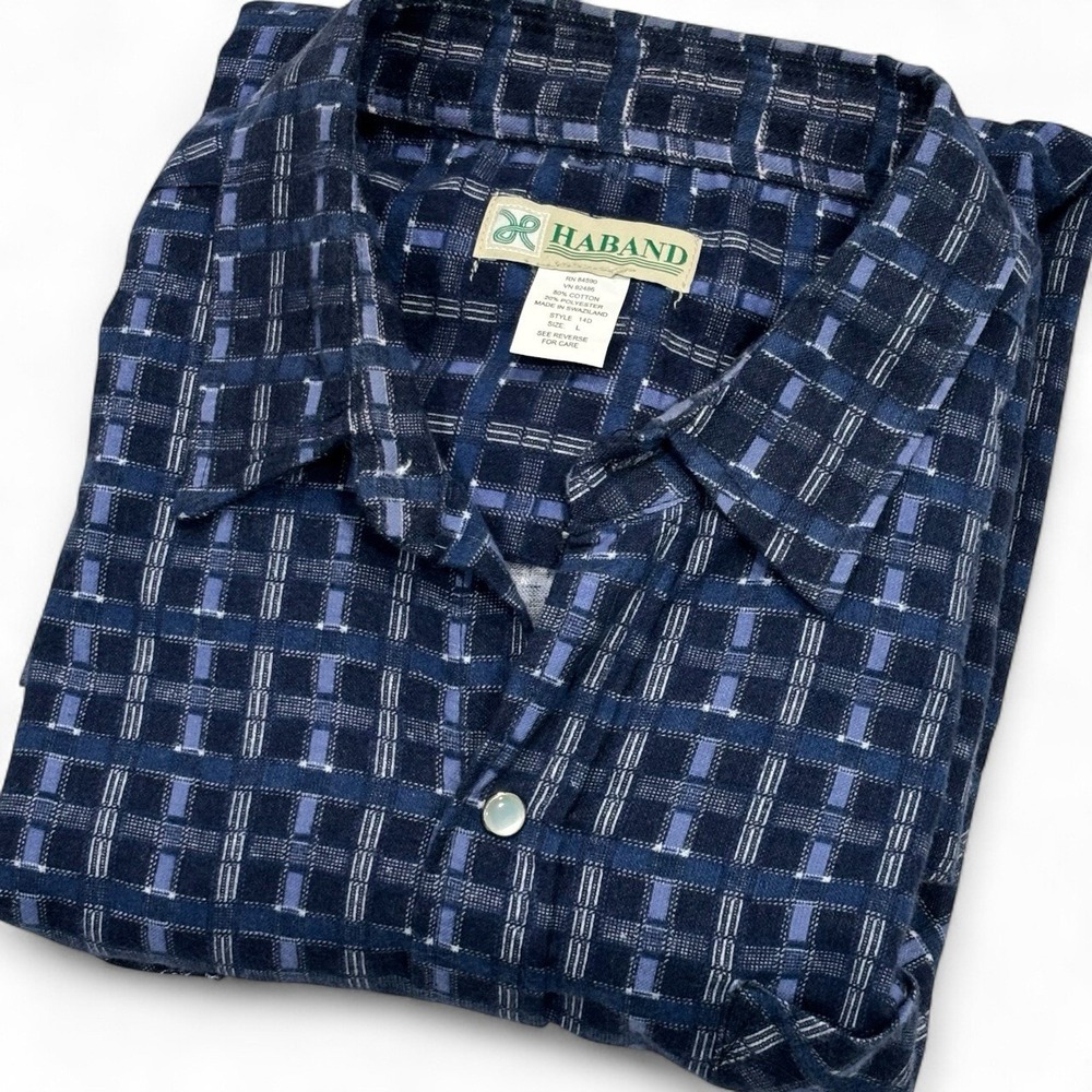 Vintage Haband Shirt Size Large‎ Blue Plaid Flannel Pearl Snap Long Sleeve Soft